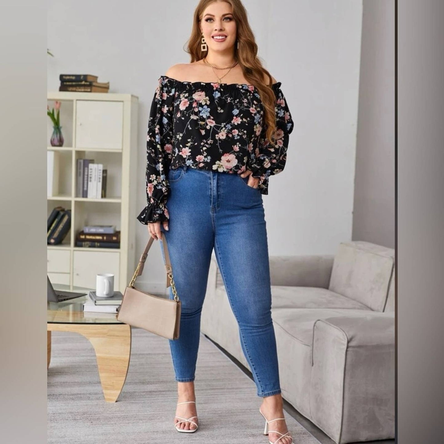 Plus Allover Floral Print Frill Trim Off Shoulder Flounce Sleeve Blouse - Passion of Essence Boutique