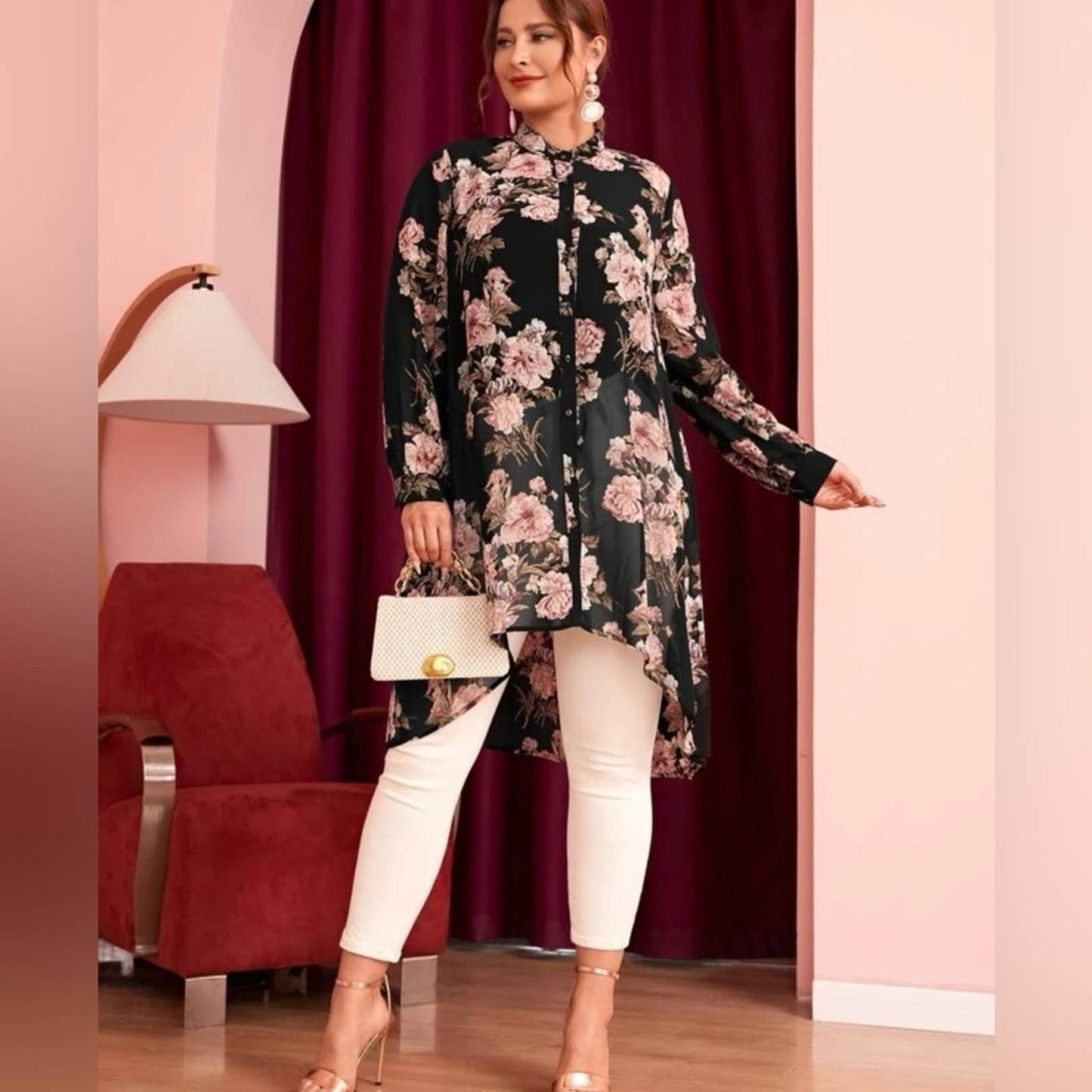 Plus Mock Neck Floral Print High Low Blouse - Passion of Essence Boutique