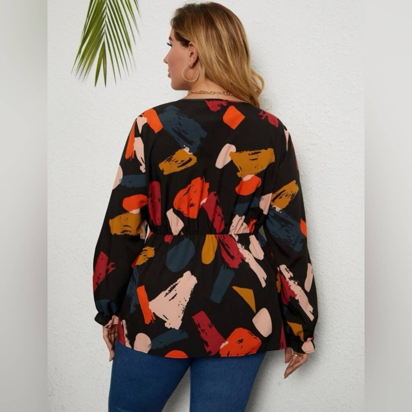 Plus Brush Print Surplice Front Peplum Blouse - Passion of Essence Boutique