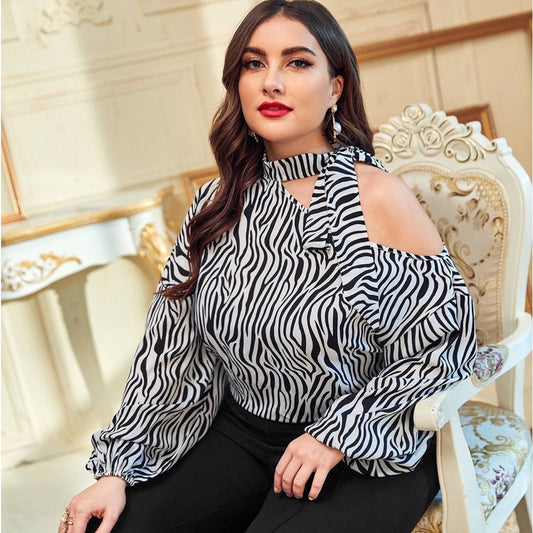 Plus Zebra Print Asymmetrical Neck Bishop Sleeve Top - Passion of Essence Boutique
