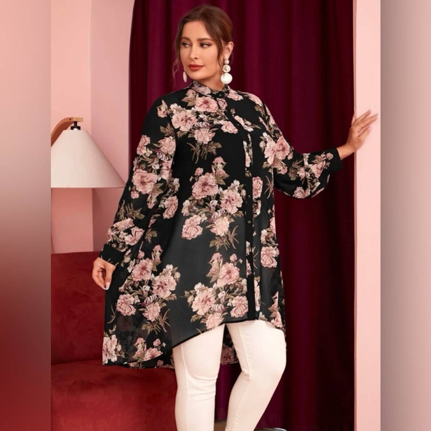 Plus Mock Neck Floral Print High Low Blouse - Passion of Essence Boutique
