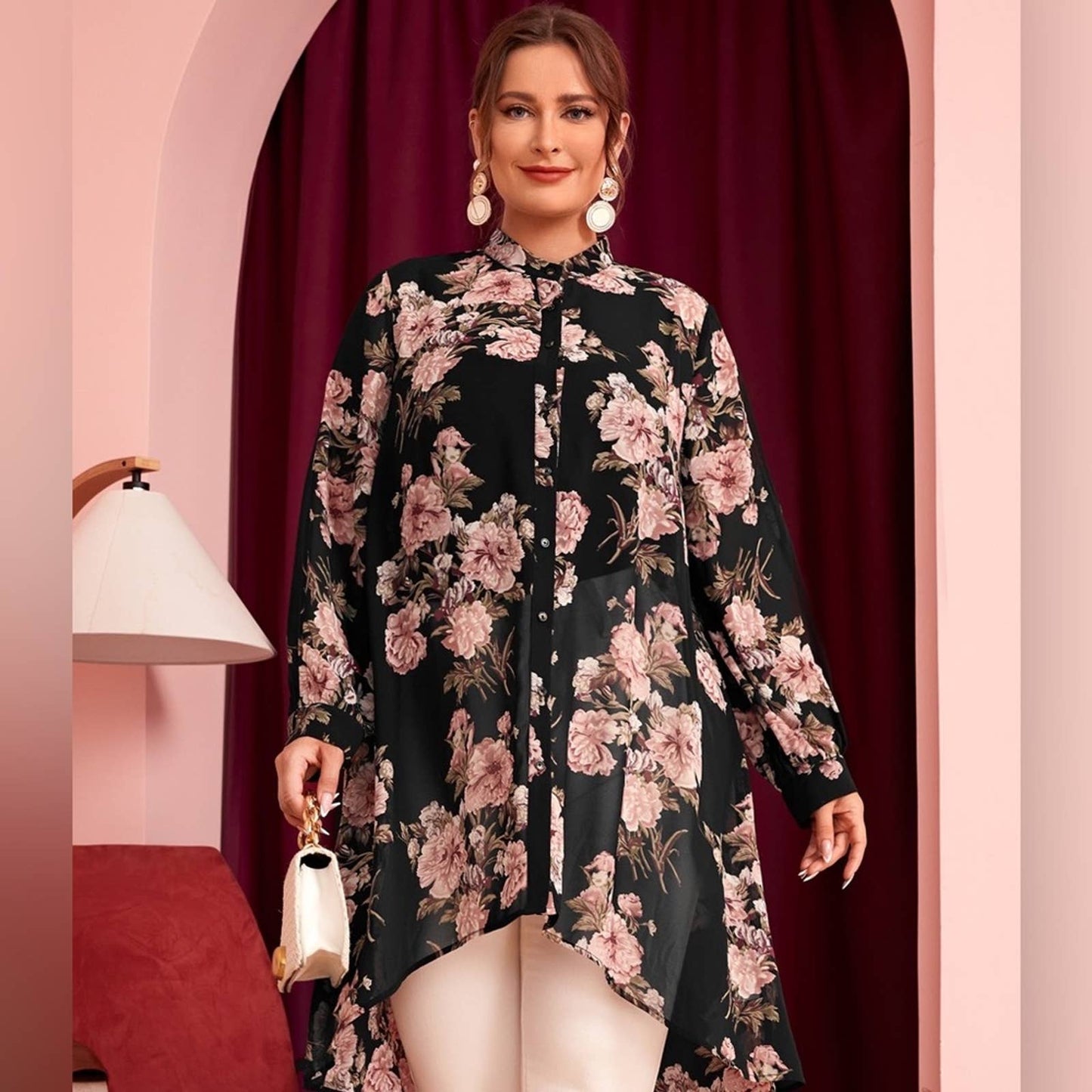 Plus Mock Neck Floral Print High Low Blouse - Passion of Essence Boutique