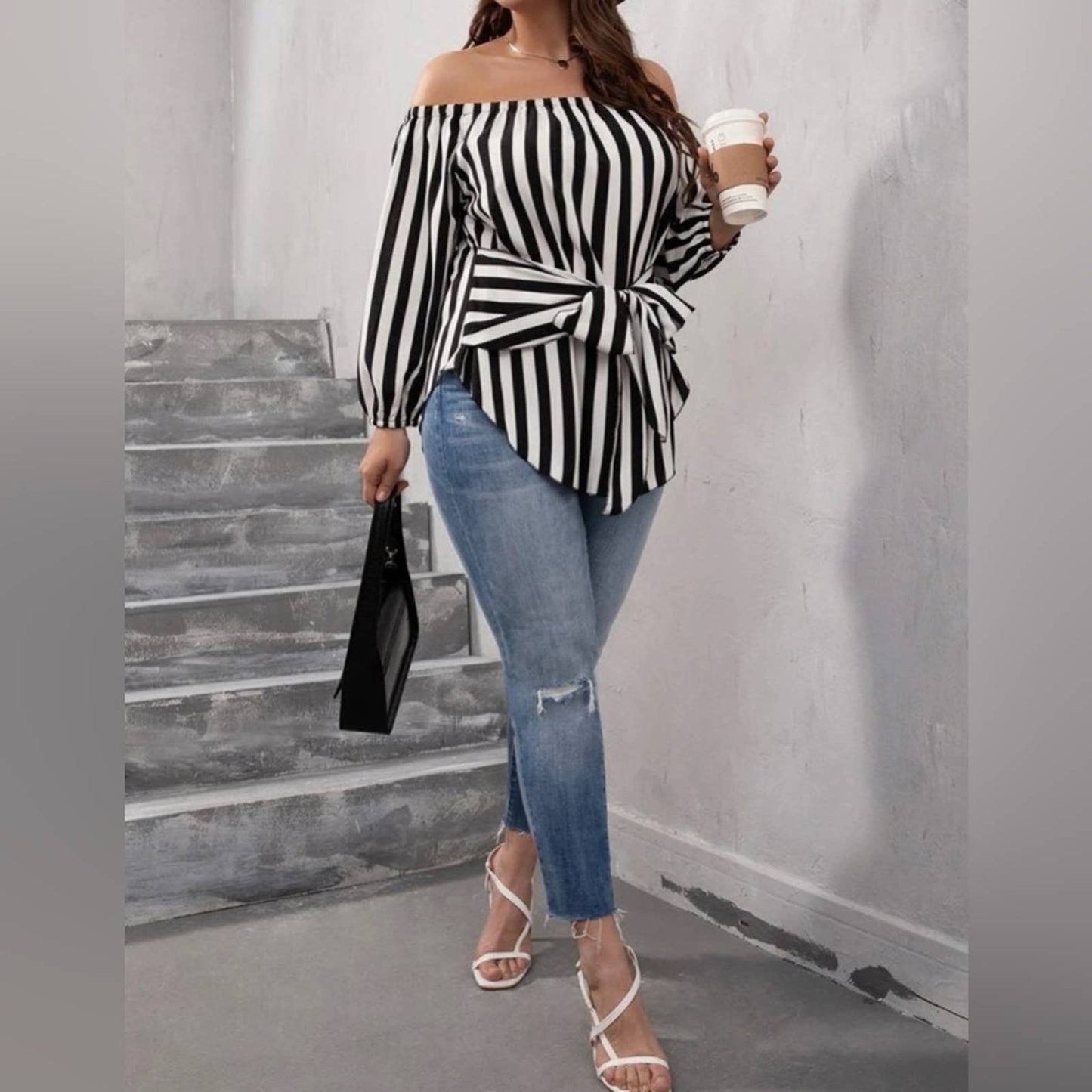 Plus Striped Bishop Sleeve Off Shoulder Tie Front Blouse - Passion of Essence Boutique