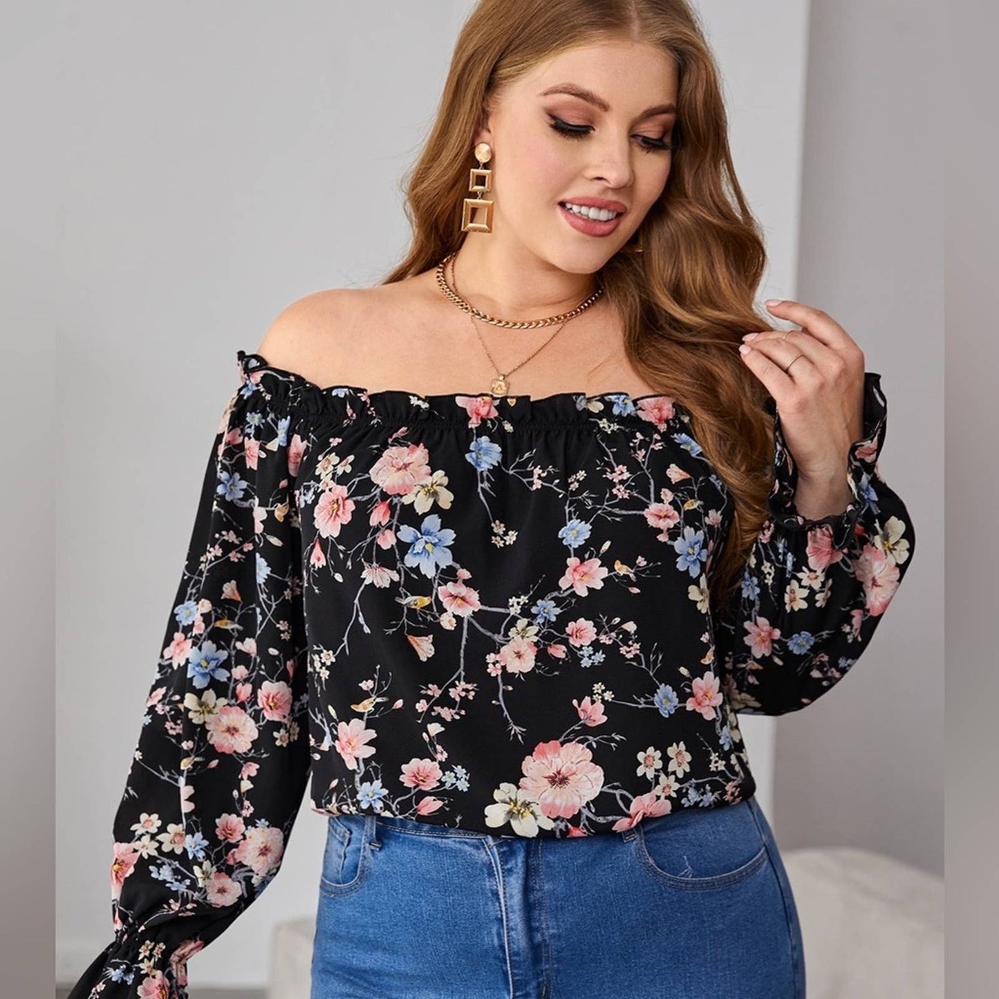 Plus Allover Floral Print Frill Trim Off Shoulder Flounce Sleeve Blouse - Passion of Essence Boutique