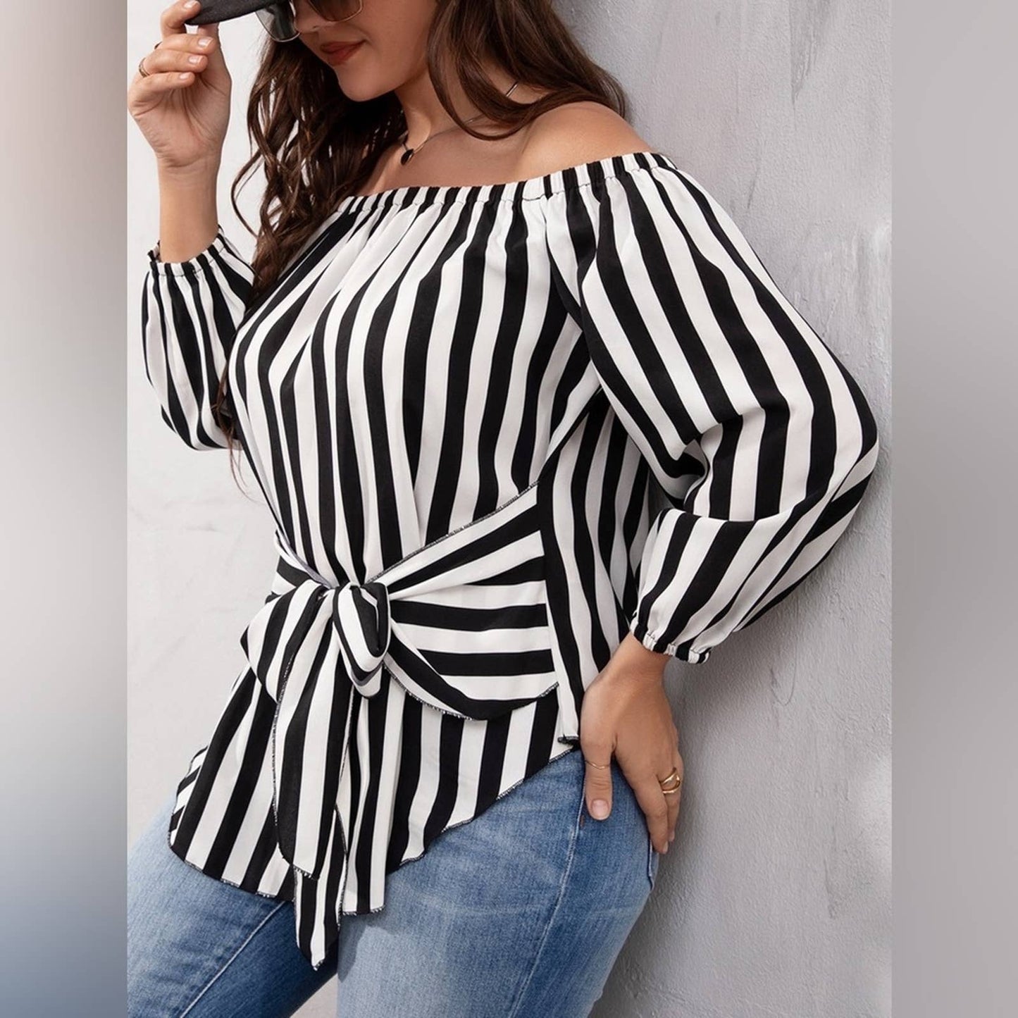 Plus Striped Bishop Sleeve Off Shoulder Tie Front Blouse - Passion of Essence Boutique