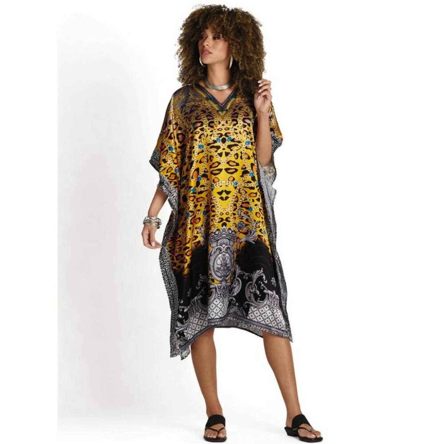 Gold and black Statusphere Print Silky Short Caftan