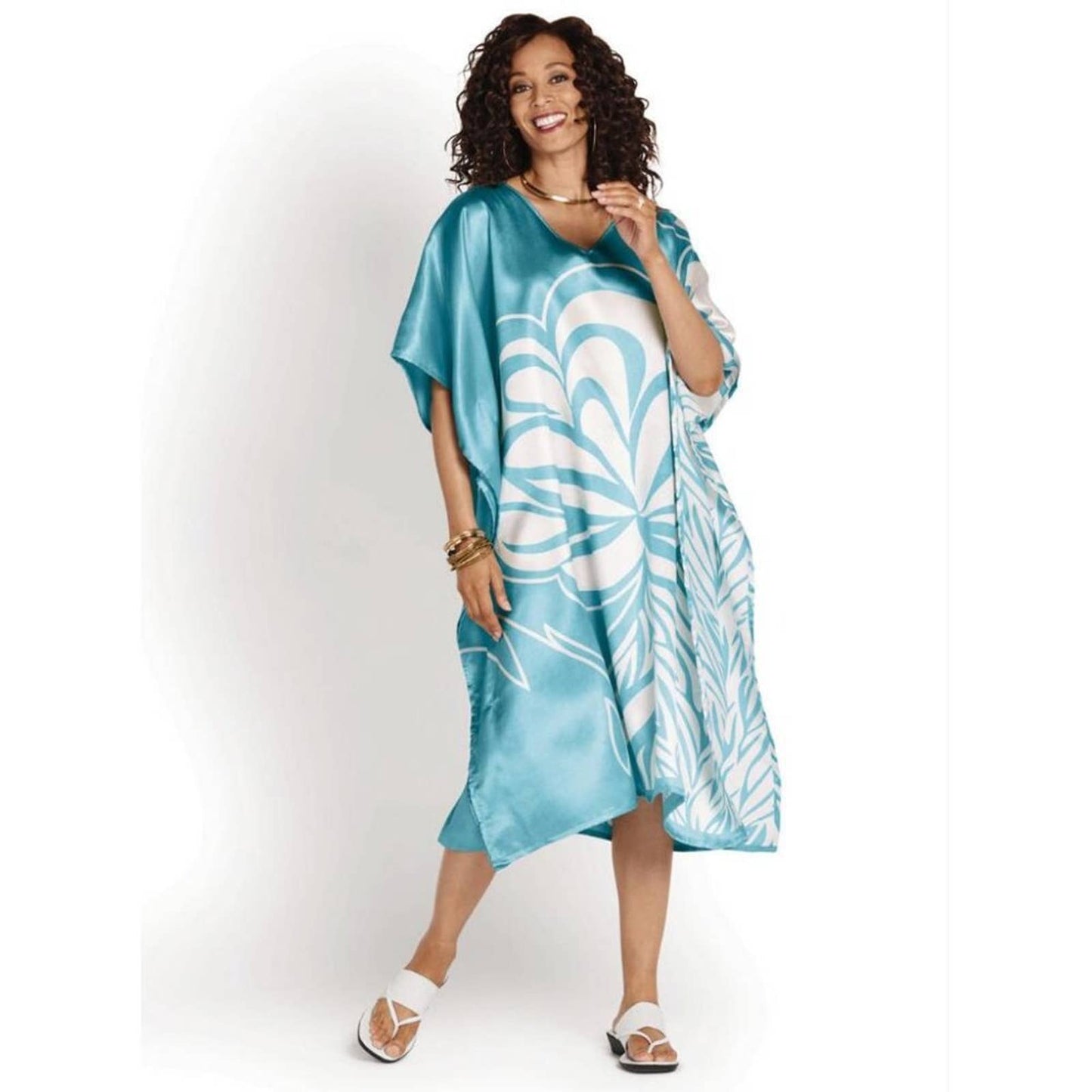 Light Blue Print Silky Short Caftan - Passion of Essence Boutique