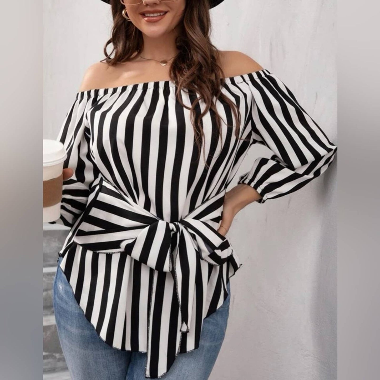 Plus Striped Bishop Sleeve Off Shoulder Tie Front Blouse - Passion of Essence Boutique