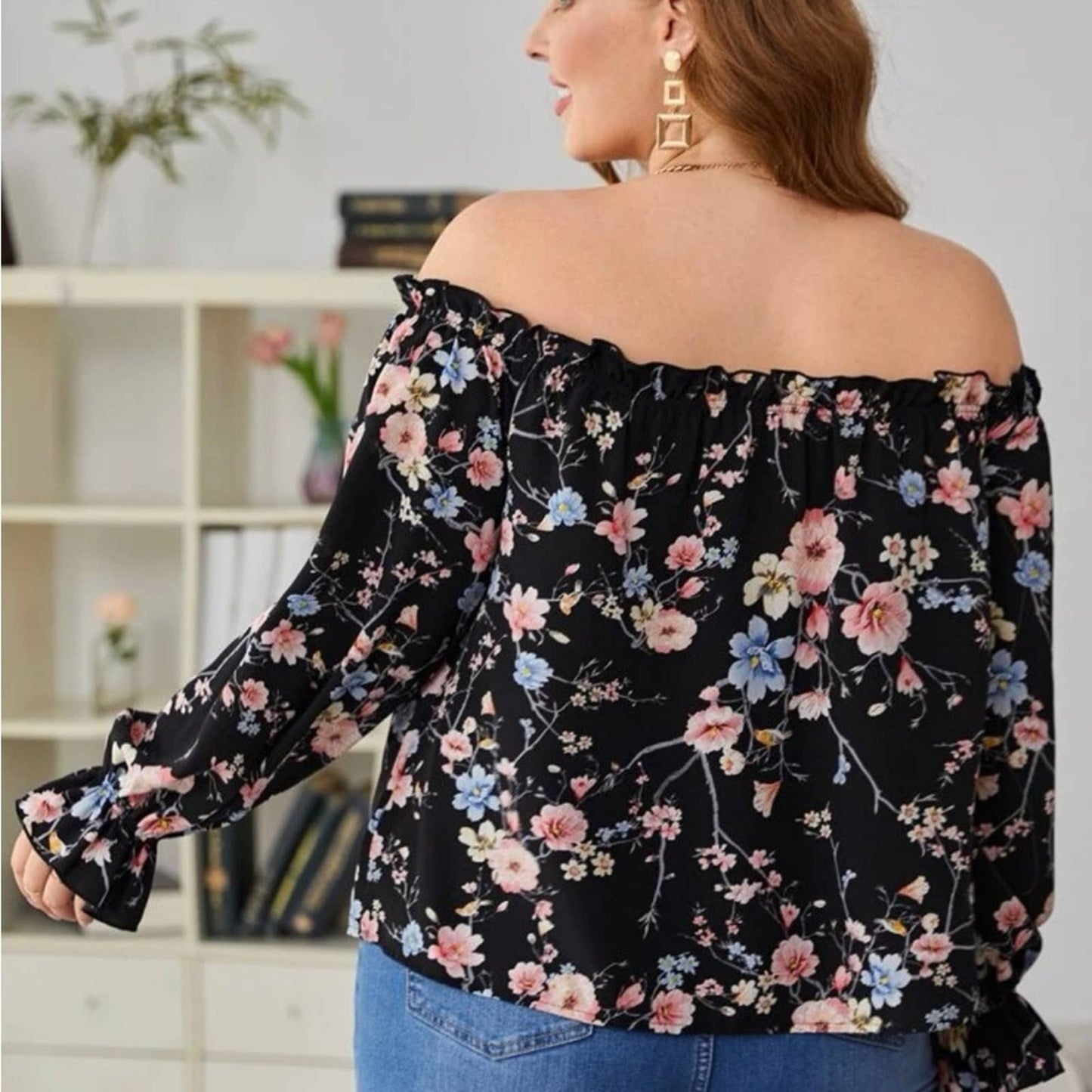 Plus Allover Floral Print Frill Trim Off Shoulder Flounce Sleeve Blouse - Passion of Essence Boutique