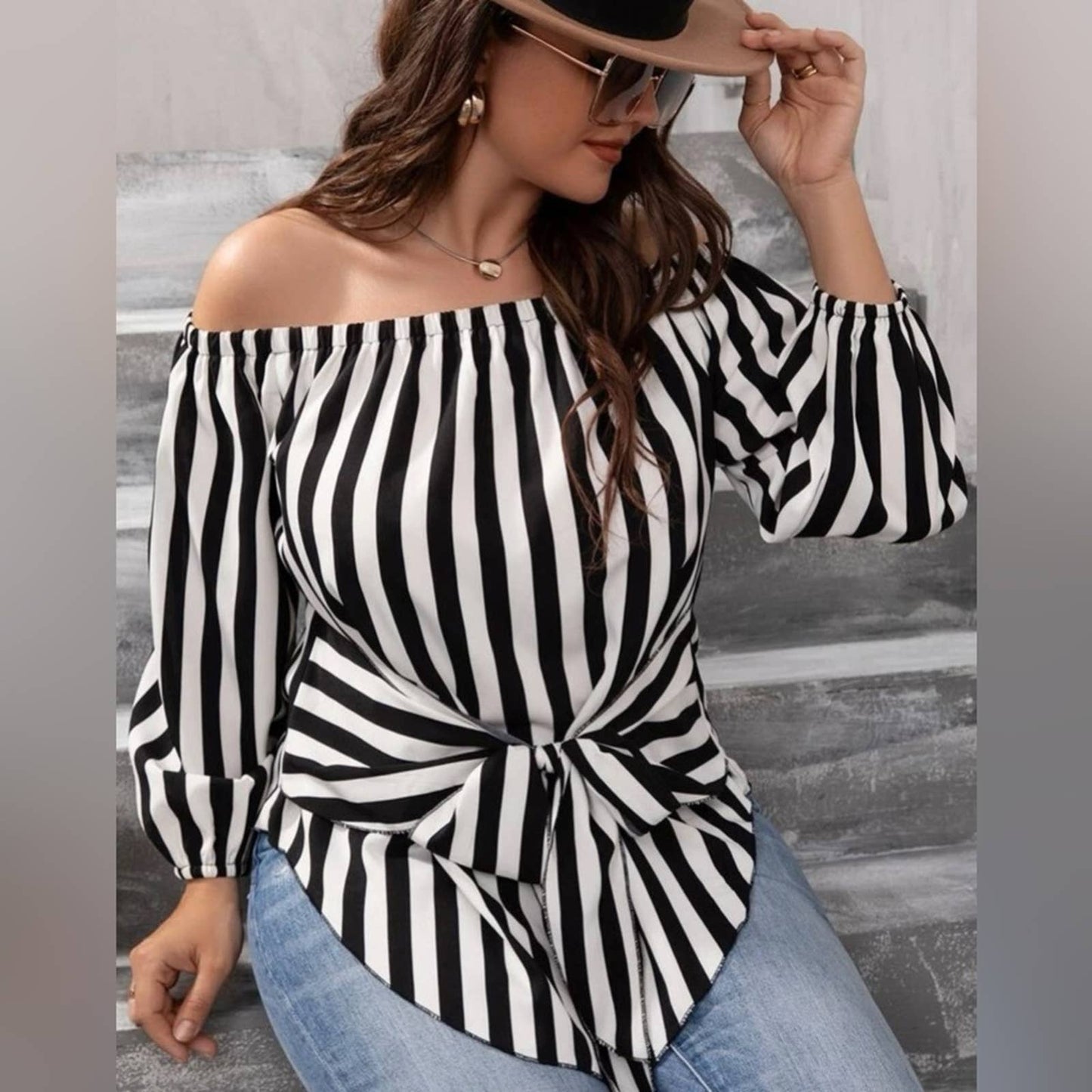 Plus Striped Bishop Sleeve Off Shoulder Tie Front Blouse - Passion of Essence Boutique