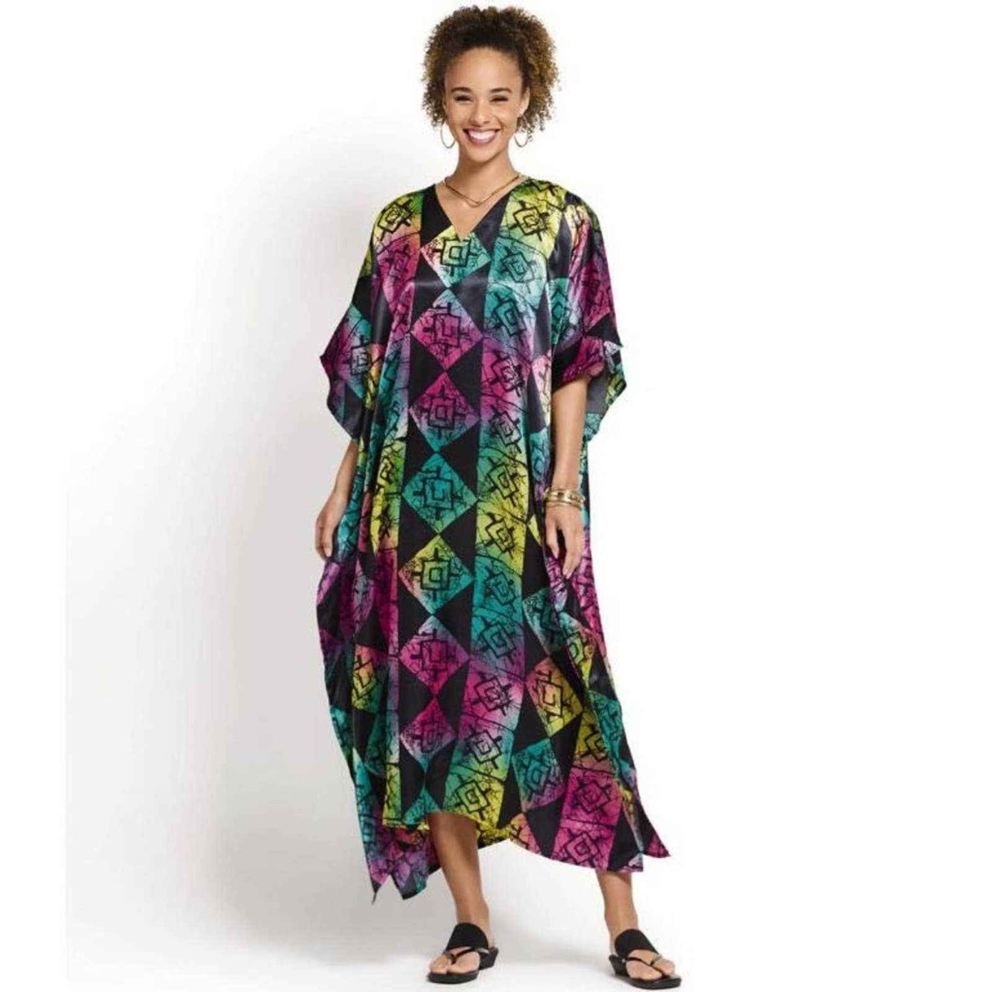 Pixelated Print Silky Long Caftan