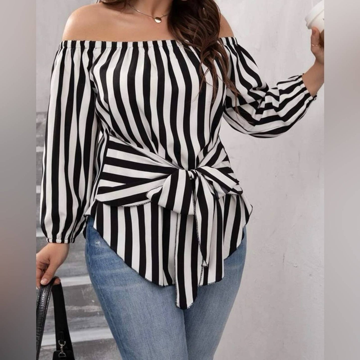 Plus Striped Bishop Sleeve Off Shoulder Tie Front Blouse - Passion of Essence Boutique