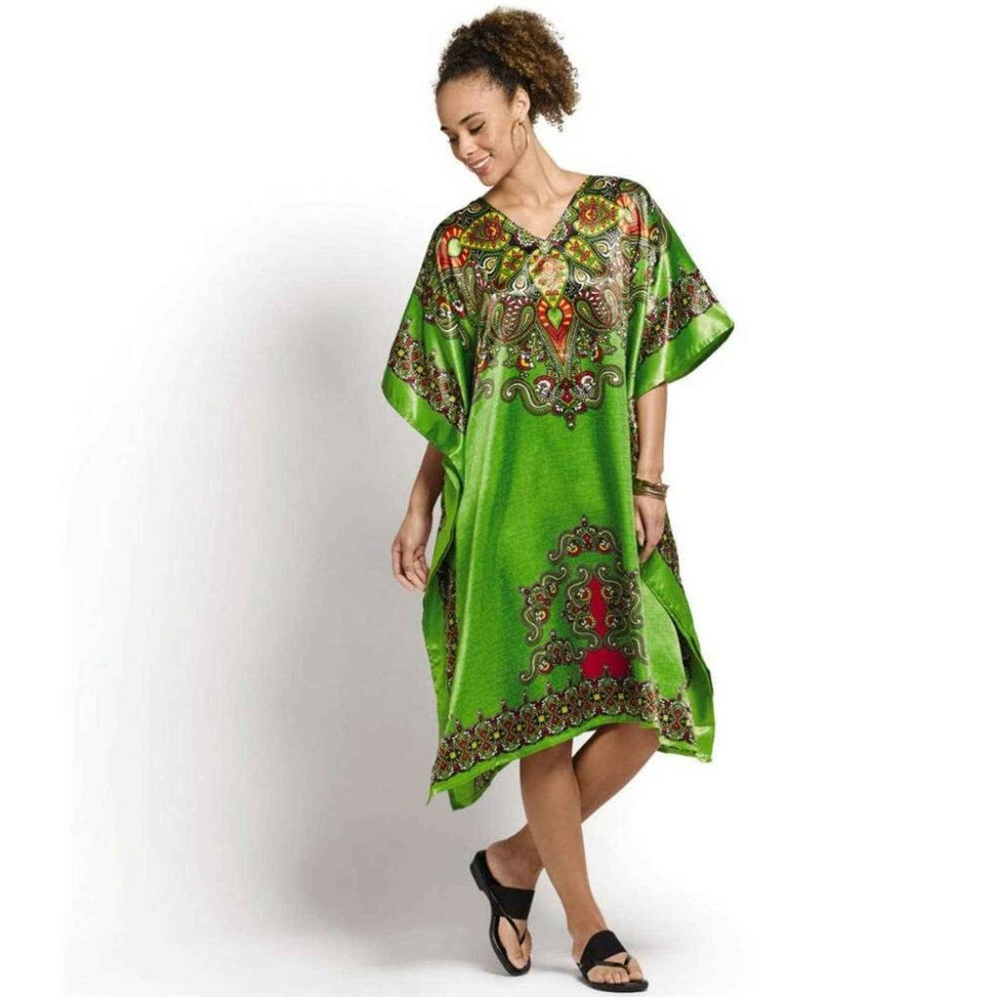 Soft Green Print Silky Short Caftan