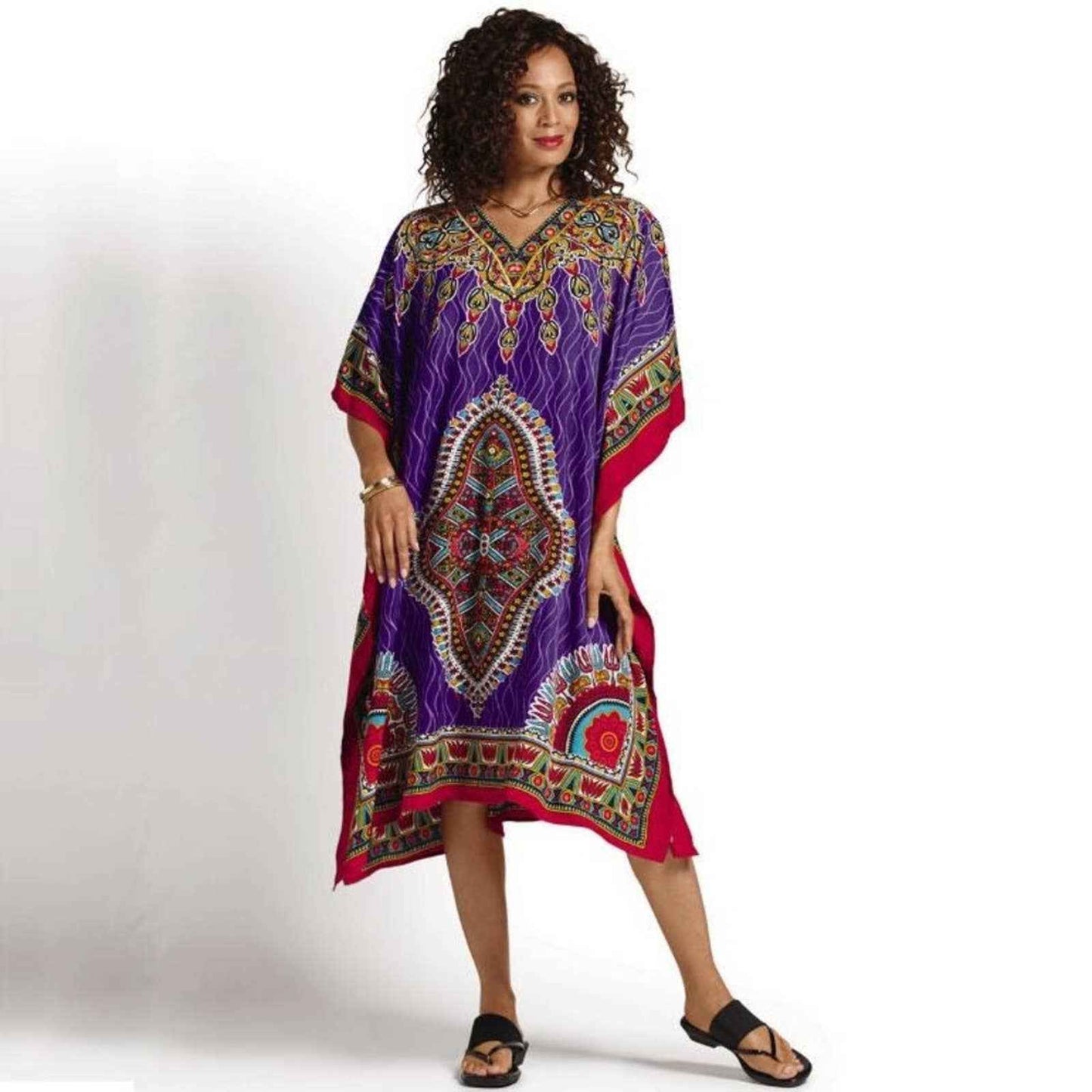 Purple and Red Print Microfiber Short Caftan