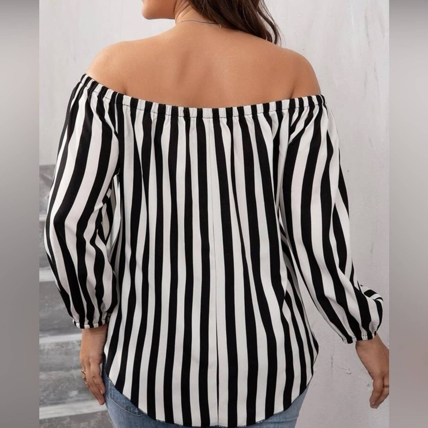 Plus Striped Bishop Sleeve Off Shoulder Tie Front Blouse - Passion of Essence Boutique