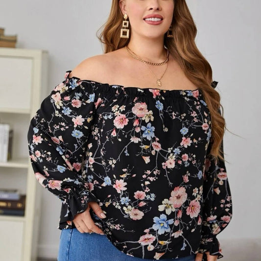 Plus Allover Floral Print Frill Trim Off Shoulder Flounce Sleeve Blouse - Passion of Essence Boutique