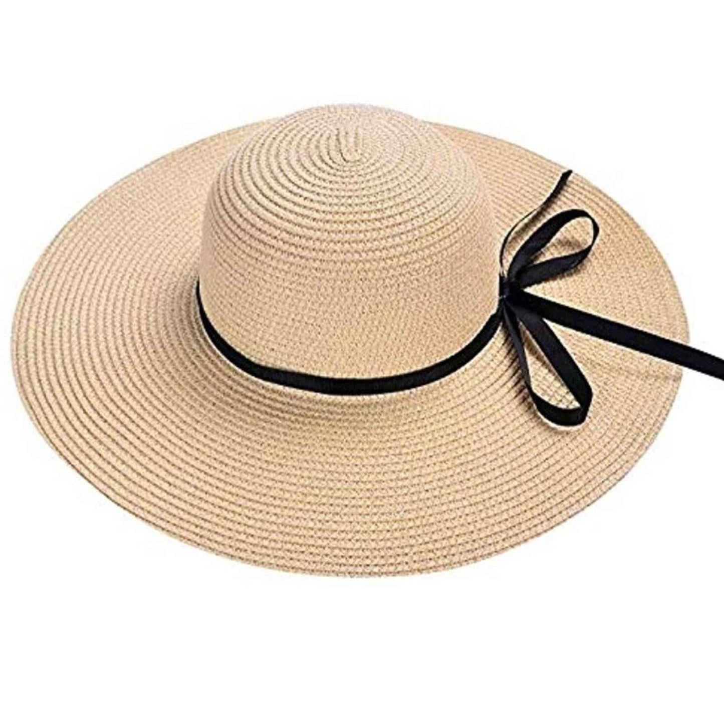 Beige Floppy Beach Straw Hat, Foldable Wide Brim with Bowknot UPF50