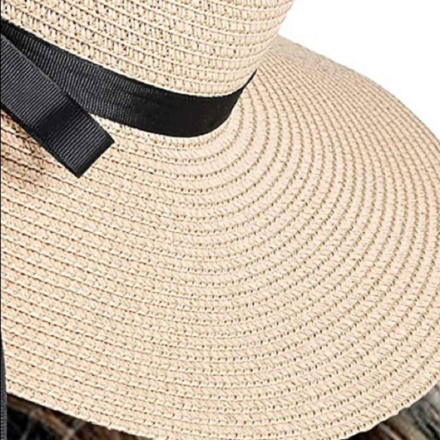Beige Floppy Beach Straw Hat, Foldable Wide Brim with Bowknot UPF50