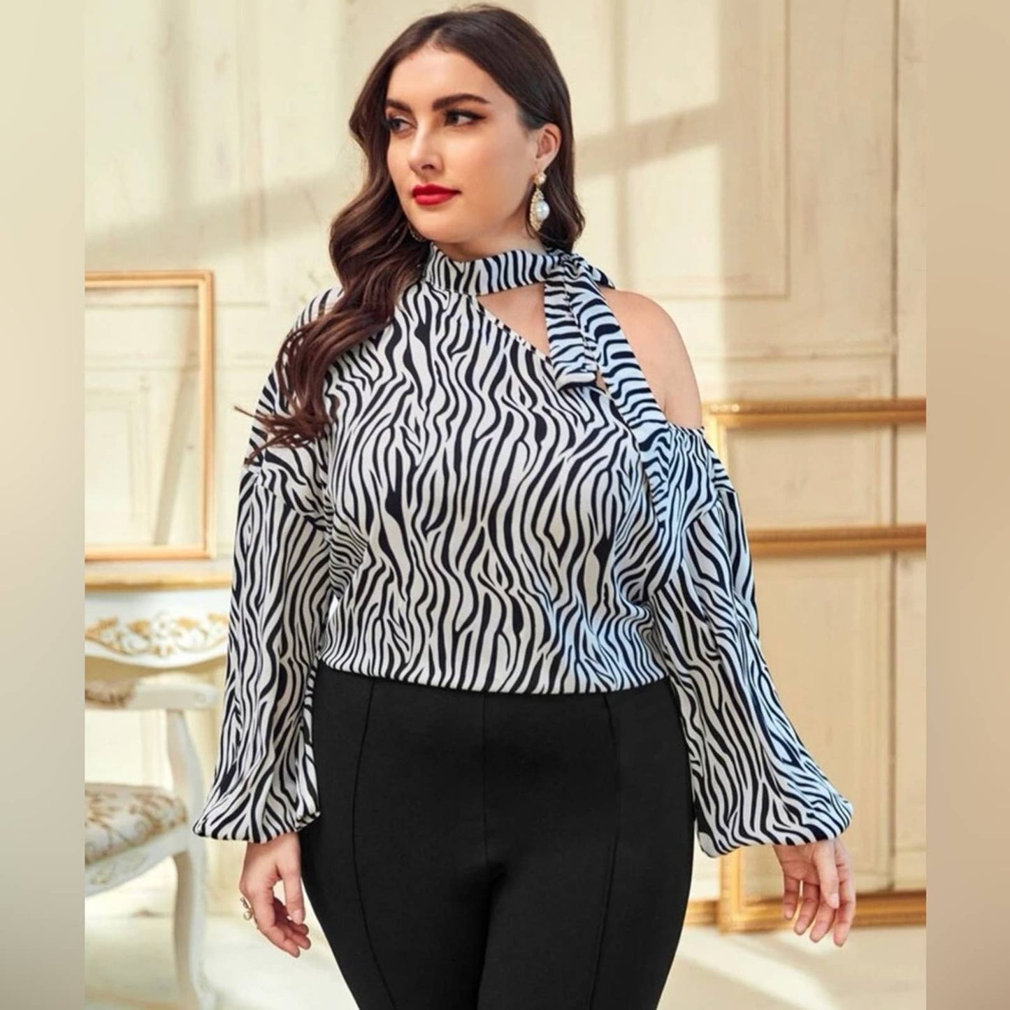 Plus Zebra Print Asymmetrical Neck Bishop Sleeve Top - Passion of Essence Boutique