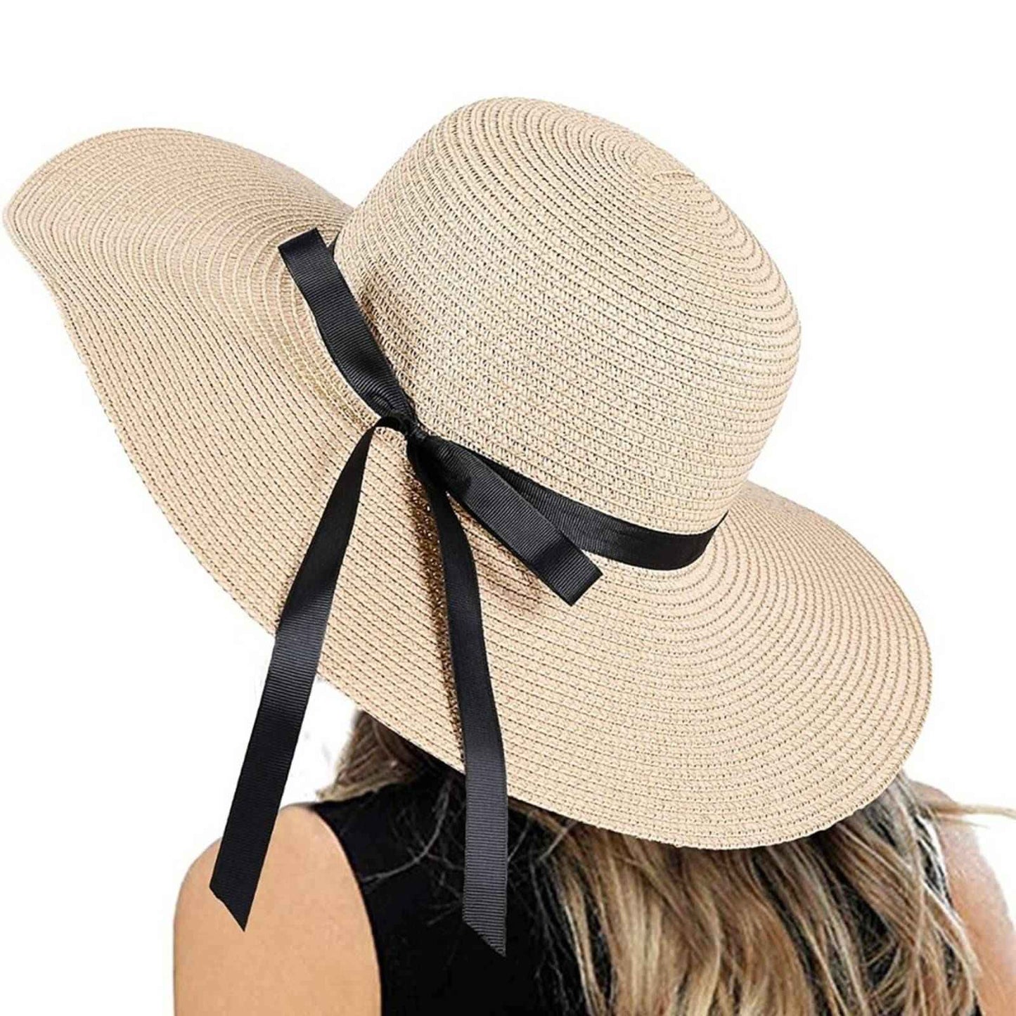 Beige Floppy Beach Straw Hat, Foldable Wide Brim with Bowknot UPF50