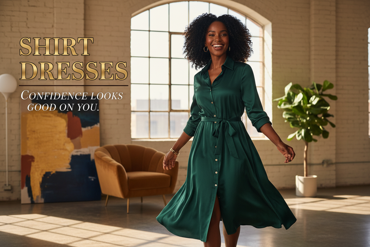 This banner is all about confidence and empowerment - featuring a stunning African American woman owning her moment in a shirt dress.