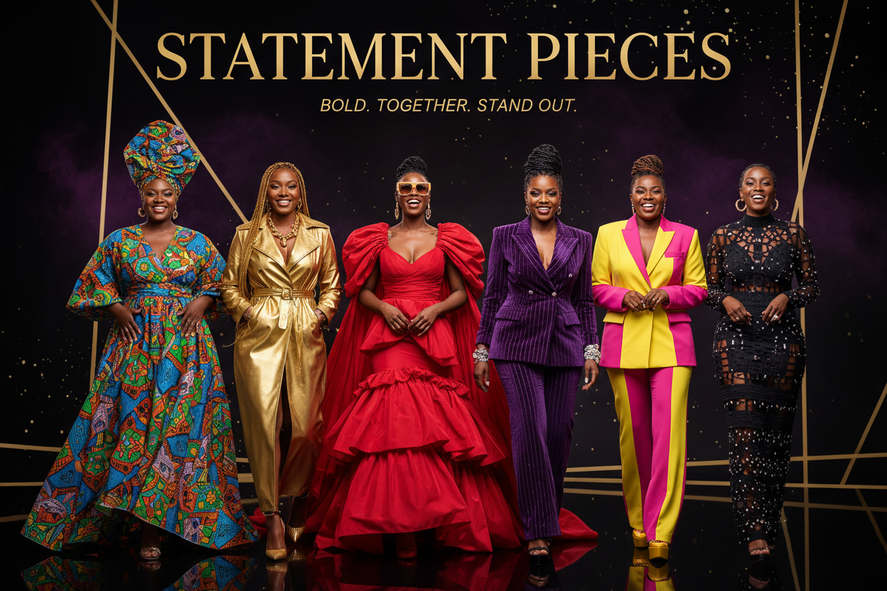 This one celebrates bold fashion with multiple African American women each rocking their own unique statement look - it's all about that squad energy and collective confidence