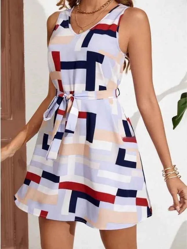 Geometric Print Sleeveless Mini Dress with Belt