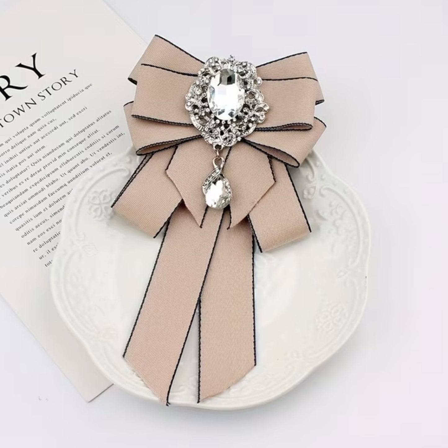 Apricot Rhinestone Bow Tie Brooch Elegant Ribbon Statement Collar Accessory