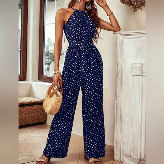 Elegant Geometric Halter Neck Culottes Wide Leg Jumpsuit, Versatile Sleeveless