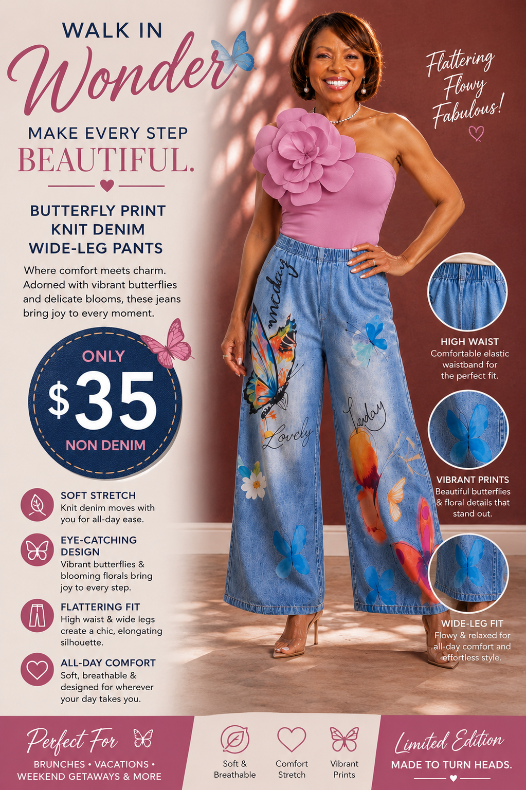 Woman wearing butterfly print denim wide-leg pants with product details on a pink background