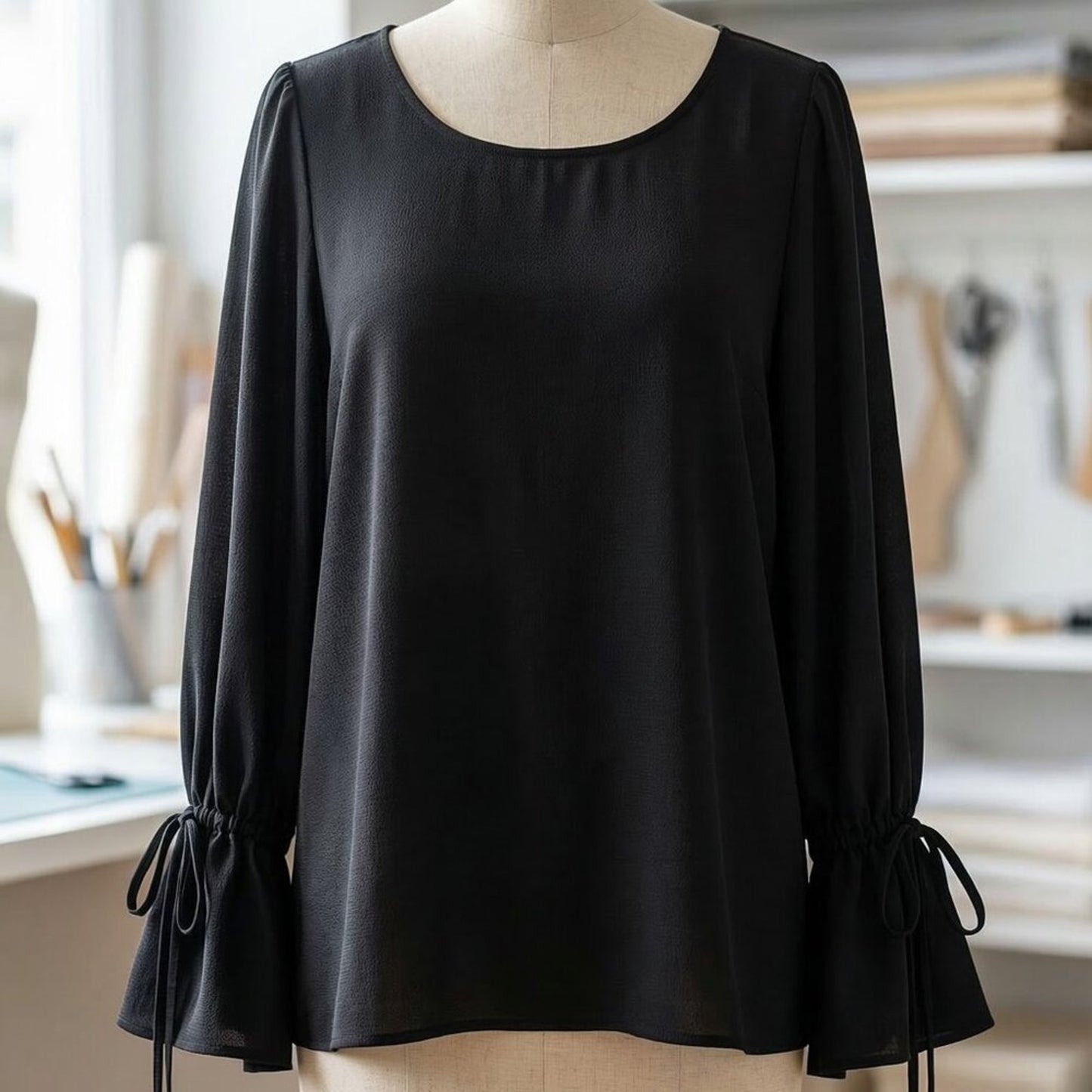 Elegant Black Bell Sleeve Blouse – Ruffle Cuff Tie Sleeve Top |Chic Work, Church