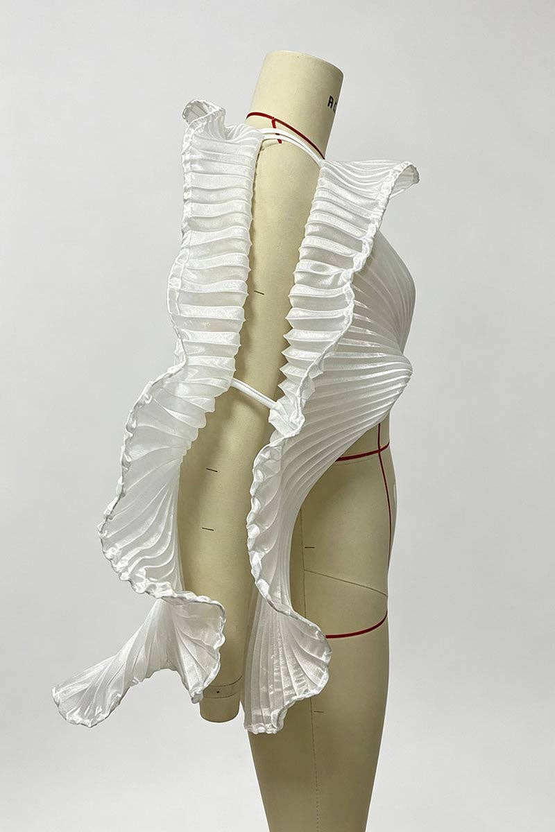 A white pleated ruffled garment displayed on a beige mannequin torso against a light gray studio background.