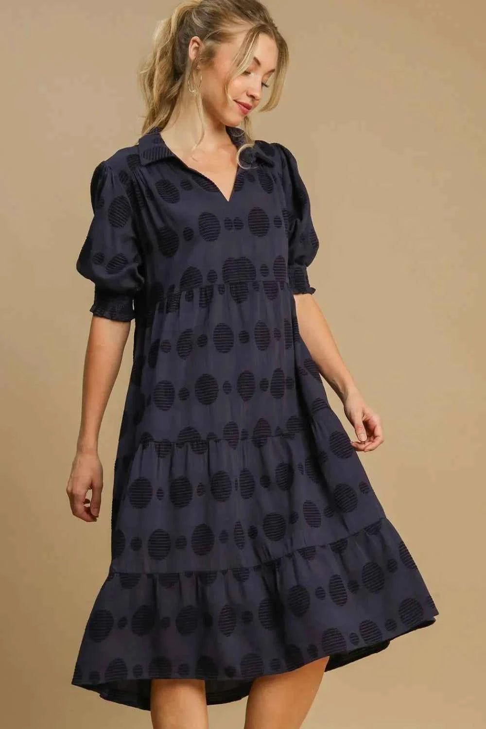 Umgee Full Size Swiss Dot Jacquard Tiered Midi Dress Plus Size