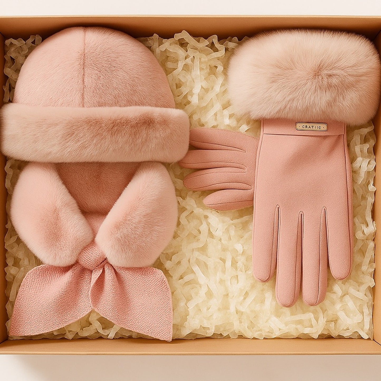 Set of pink gloves and matching headband with fur trim in a box.