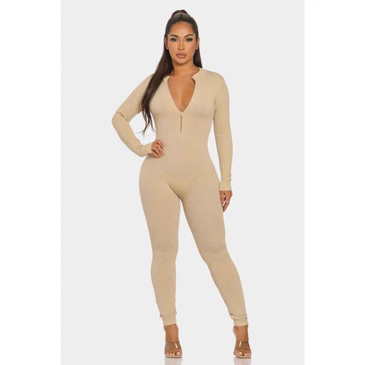 Ribbed Half Zip Long Sleeve Bodycon Jumpsuit