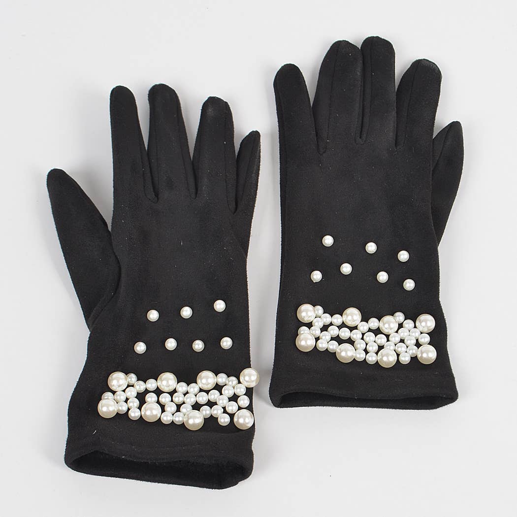 Black gloves with pearl embellishments on a white background