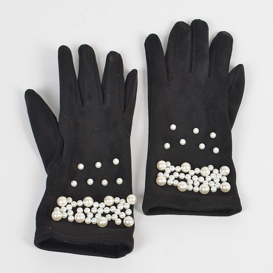 Black gloves with pearl embellishments on a white background