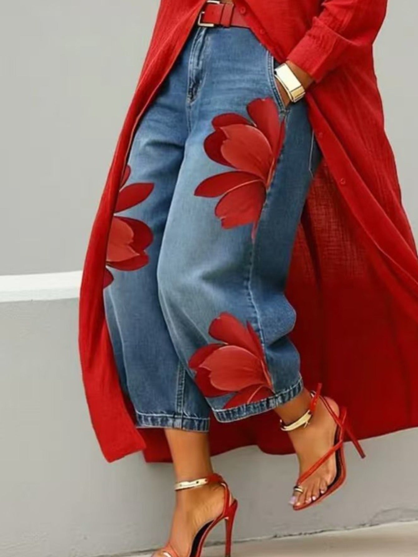 Floral Print Wide-Leg Cropped Jeans Red