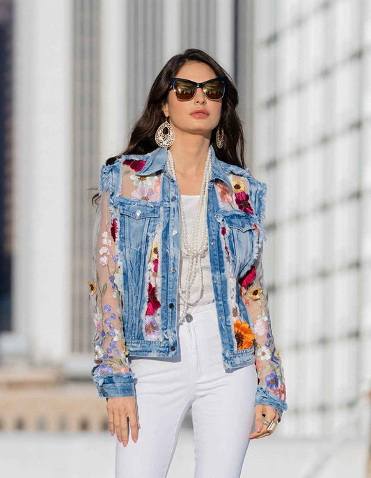 2406 - Denim Lace Jacket with Floral Embroidery