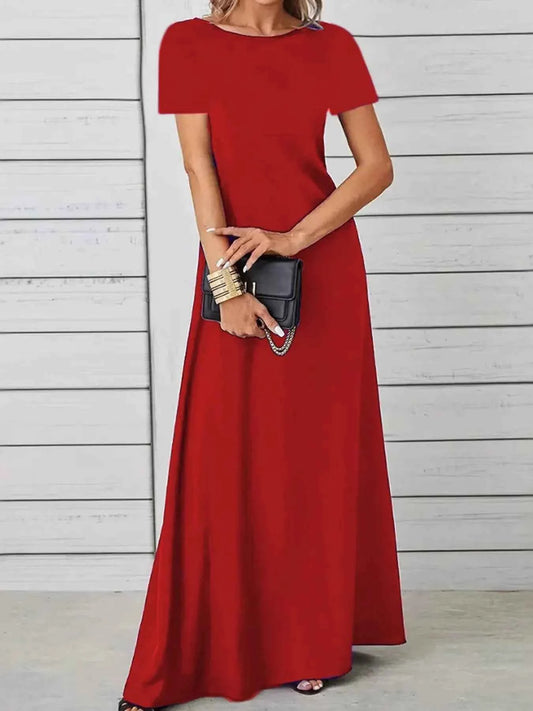Full Size Round Neck Short Sleeve A-Line Maxi Dress Plus Size