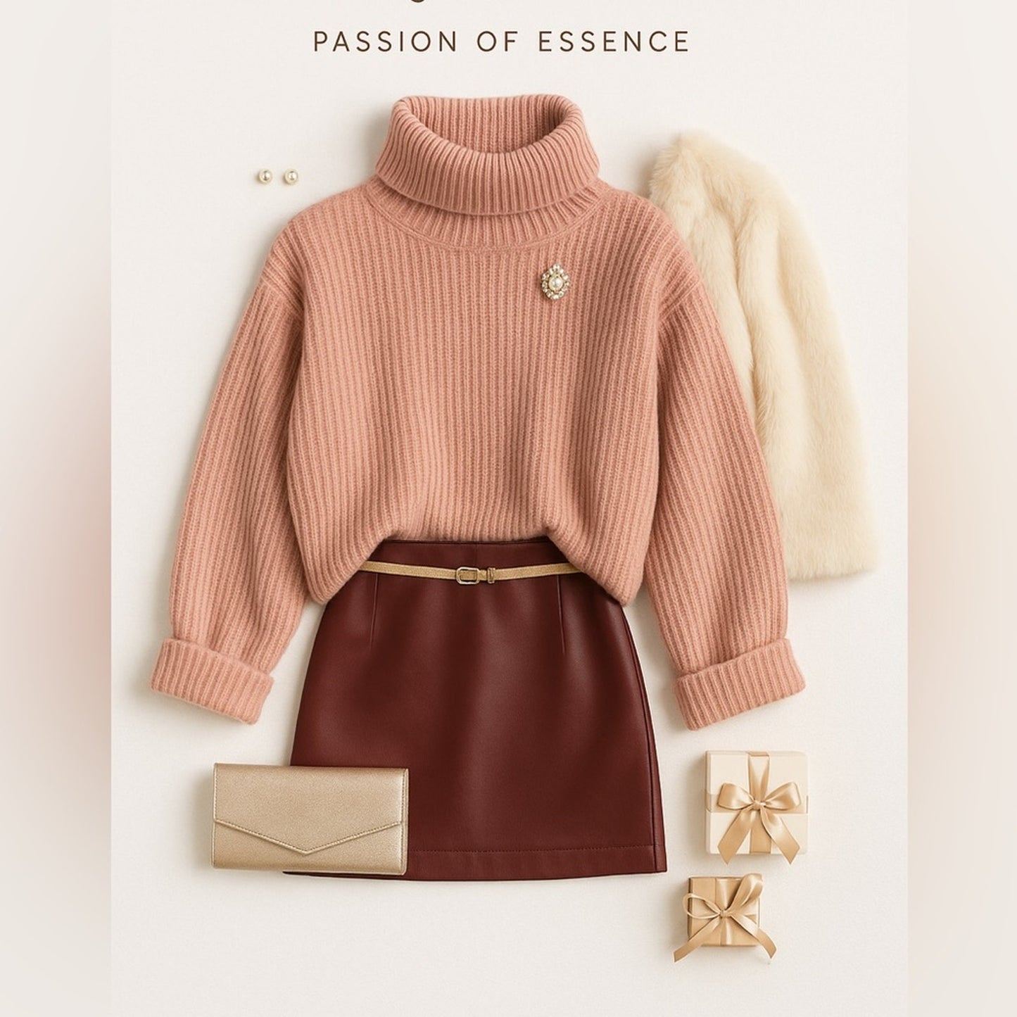 Pink sweater, brown skirt, beige clutch, and small gift boxes on a light background with 'Passion of Essence' text.