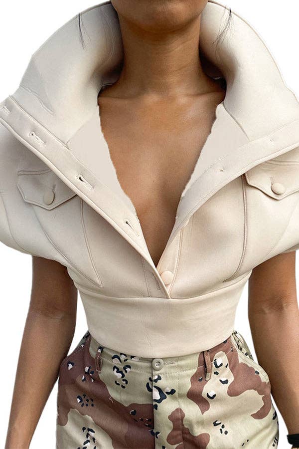 MB FASHION Cropped High Collar Button-Up Top 452R