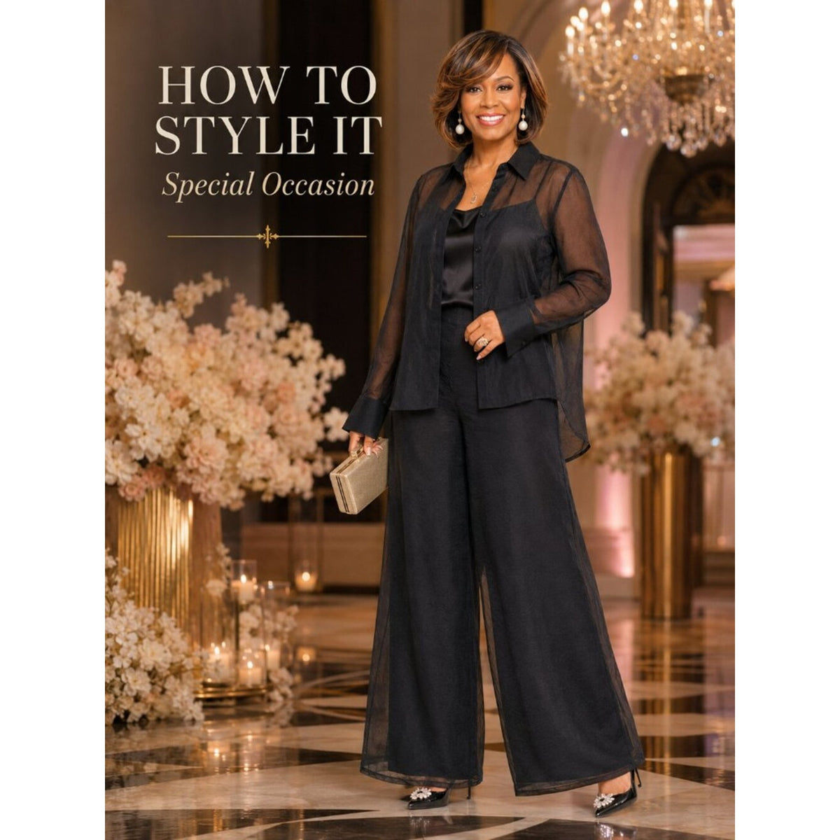 Luella Black Sheer Chiffon Button-Up Wide Leg 2 Piece Pant Set