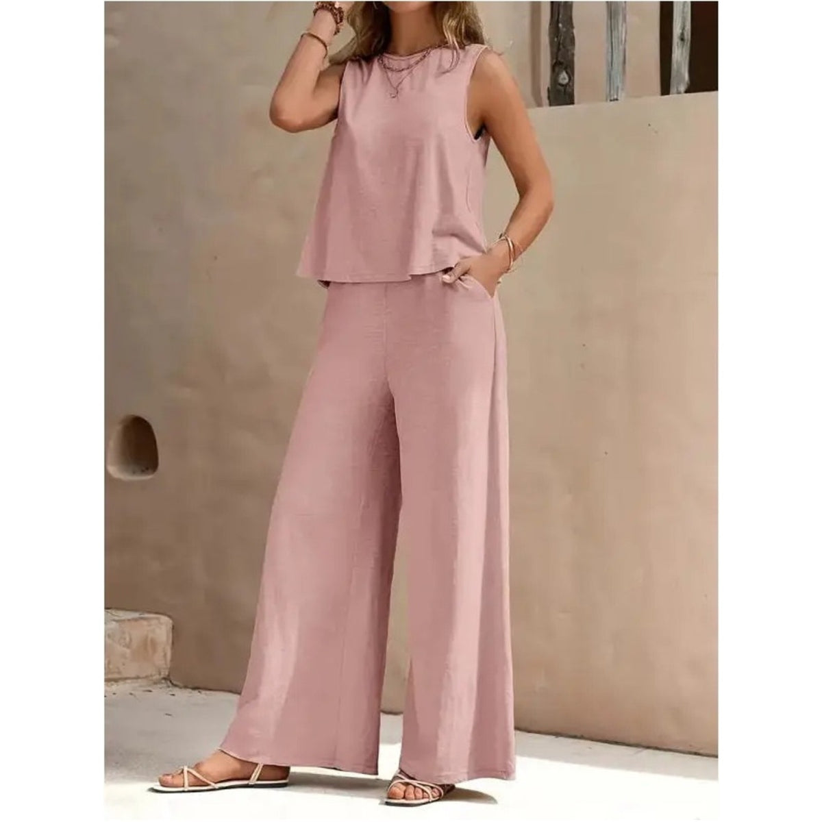 Dusty Rose Sleeveless Wide Leg Pants 2 Piece Matching Set XL