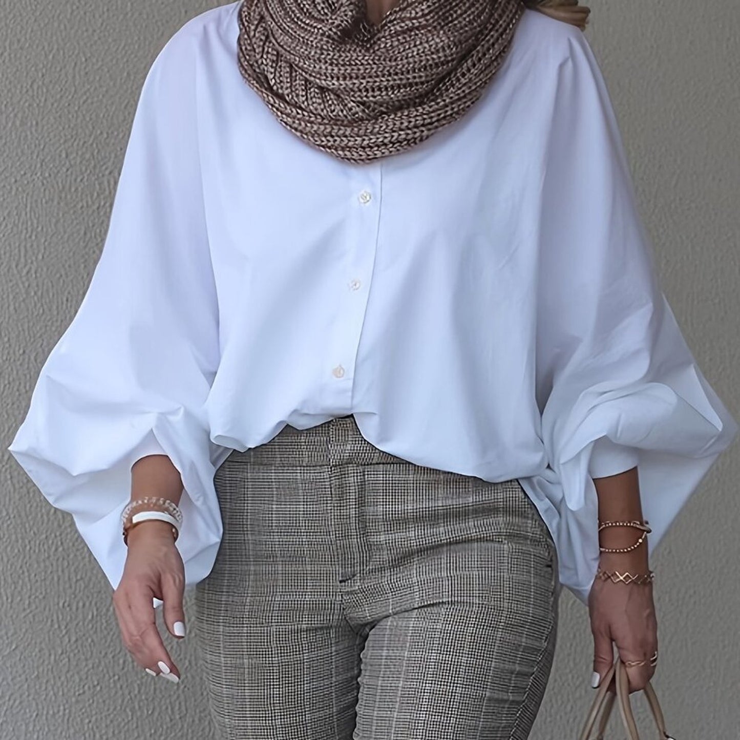 Plus Size White Oversized Button Down Shirt | Lantern Sleeve Elegant Blouse Top