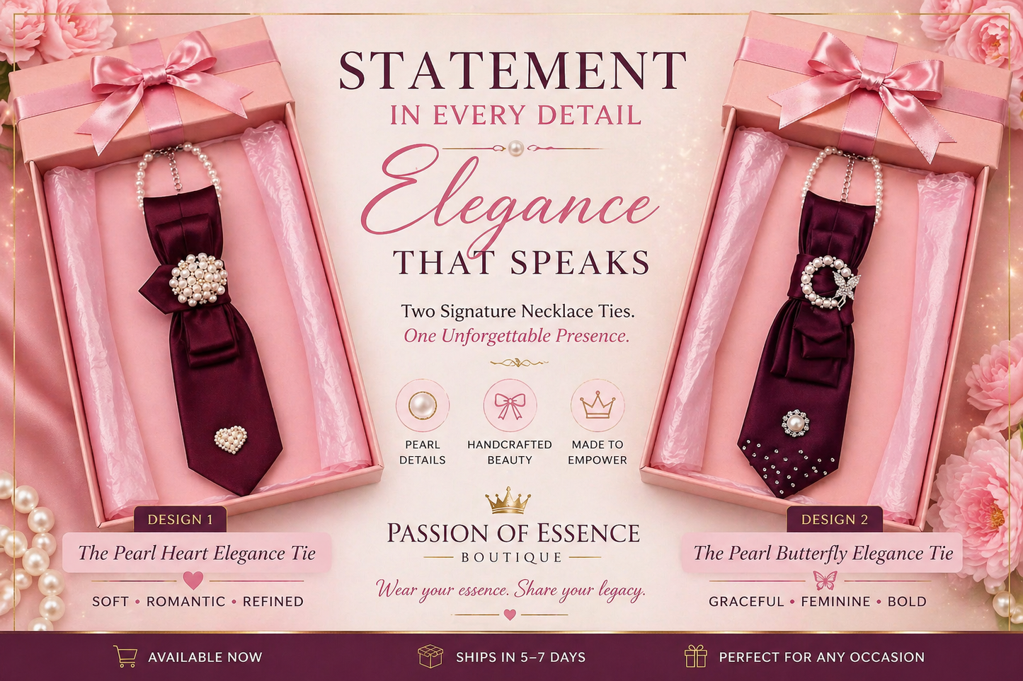 Two burgundy neckties with decorative elements in pink boxes, labeled 'Passion of Essence Boutique'.