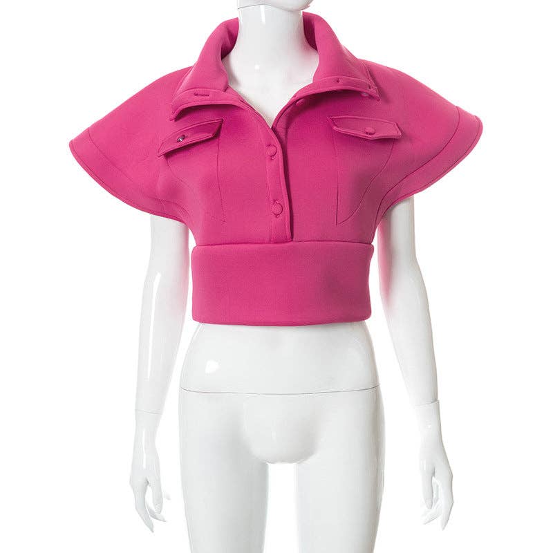 MB FASHION Cropped High Collar Button-Up Top 452R