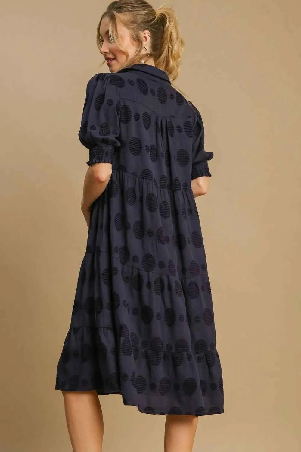 Umgee Full Size Swiss Dot Jacquard Tiered Midi Dress Plus Size