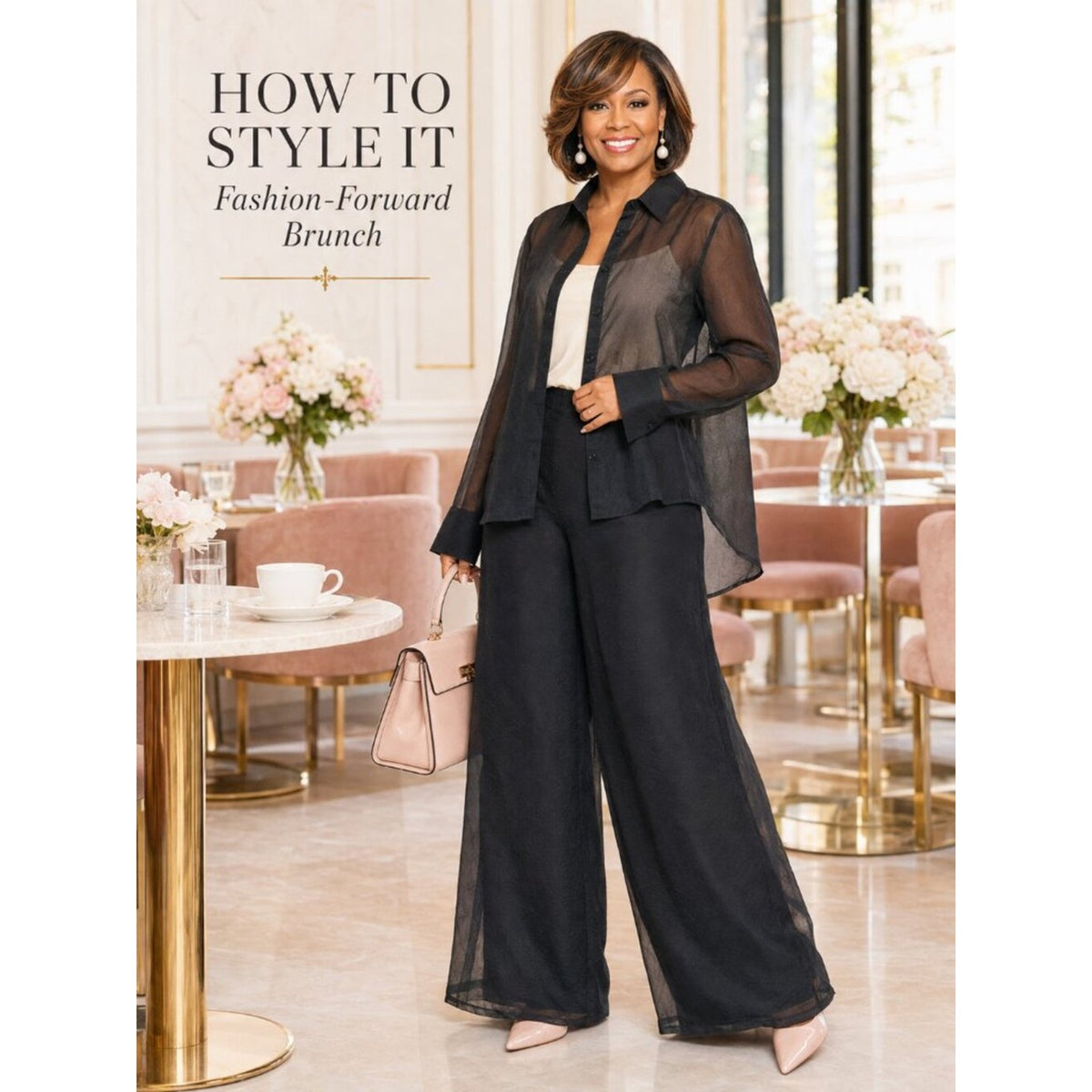 Luella Black Sheer Chiffon Button-Up Wide Leg 2 Piece Pant Set
