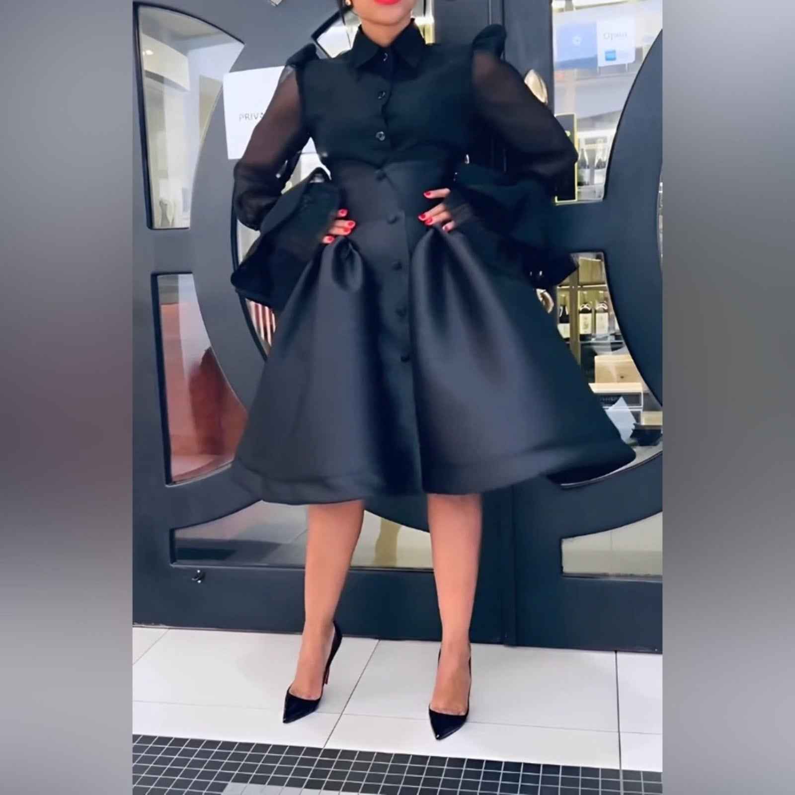 Stylish Black Mesh with Sheer Bell Sleeves Blouse Skirt Set